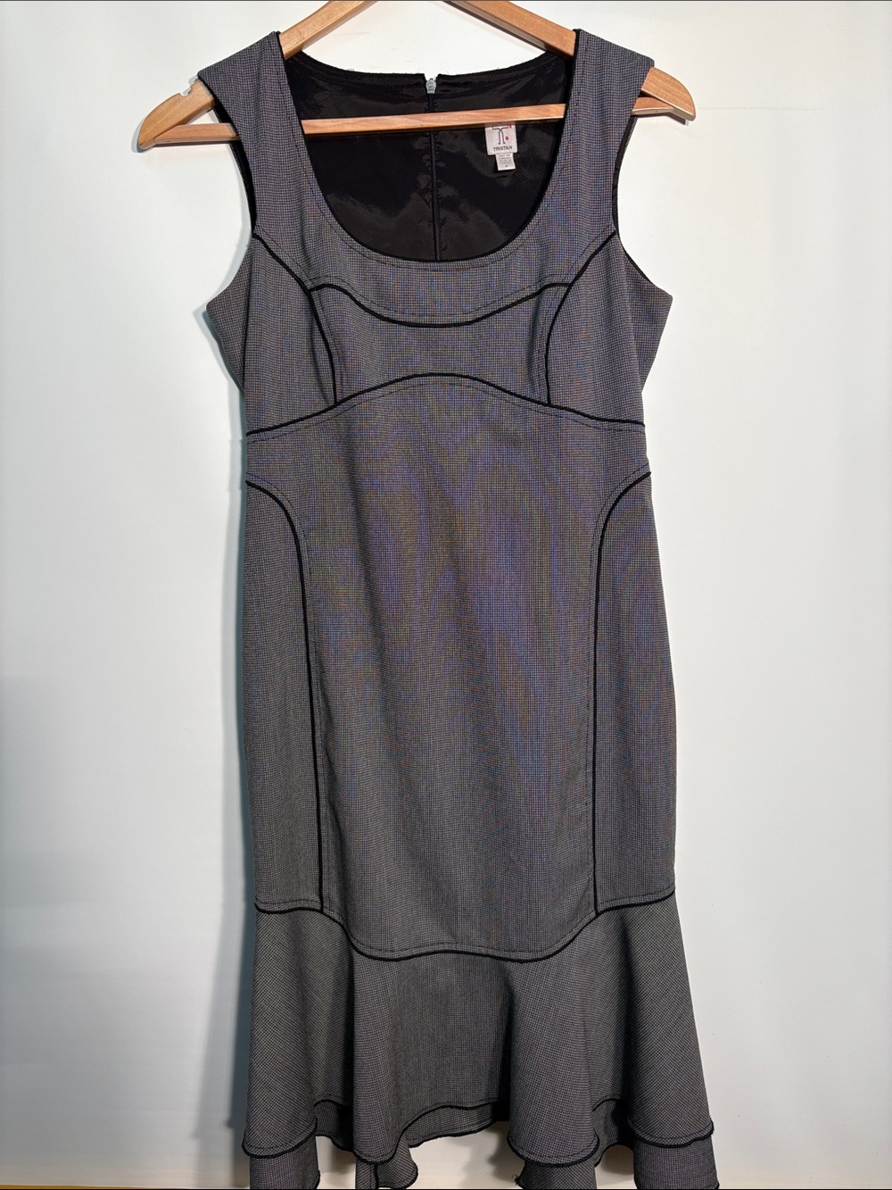 Tristan White and Black Scoop-Neck Midi Dress with Black Trim and Ruffled Hem